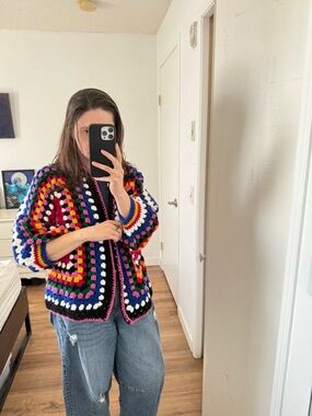 Handknit Colorful Granny Square Cardigan Grandmacore Eclectic Boho Colorful M